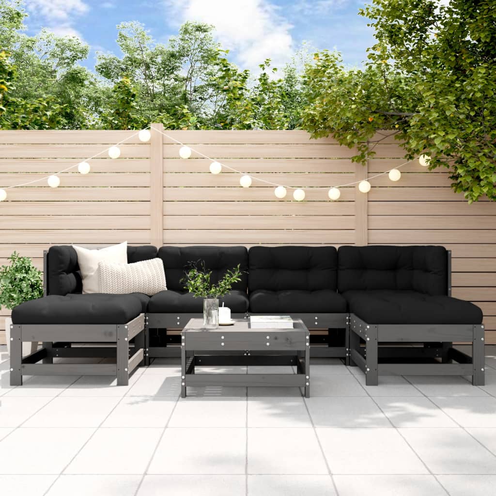 7-tlg. Garten-Lounge-Set mit Kissen Grau Massivholz