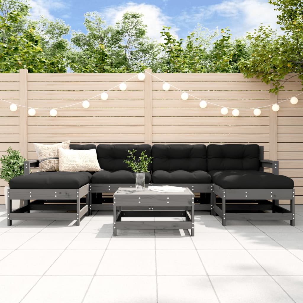 7-tlg. Garten-Lounge-Set mit Kissen Grau Massivholz