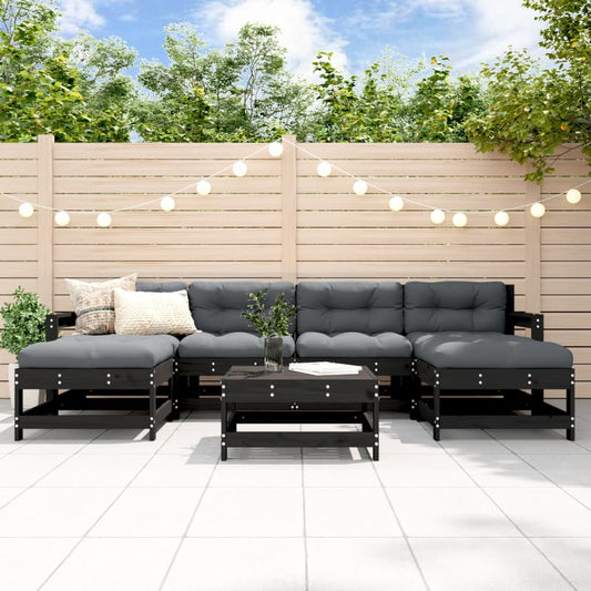 7-tlg. Garten-Lounge-Set mit Kissen Schwarz Massivholz