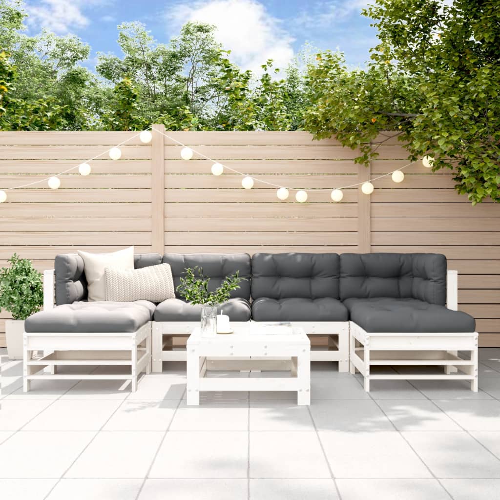 7-tlg. Garten-Lounge-Set mit Kissen Weiß Massivholz