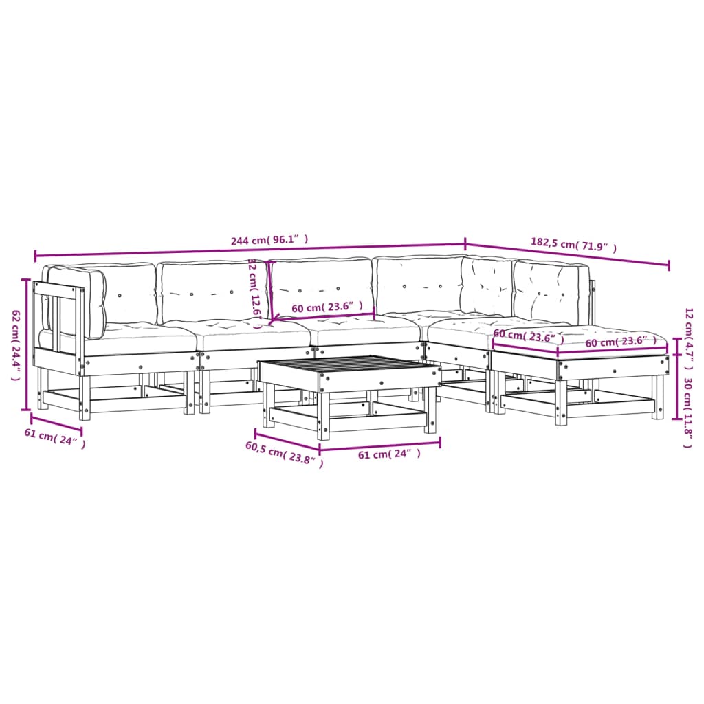 7-tlg. Garten-Lounge-Set mit Kissen Weiß Massivholz