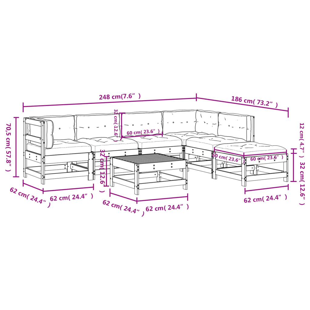 7-tlg. Garten-Lounge-Set mit Kissen Grau Massivholz