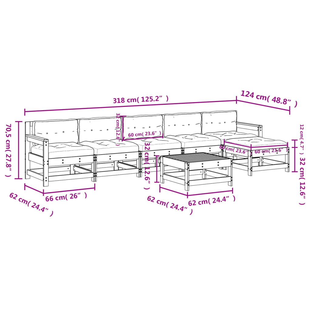 7-tlg. Garten-Lounge-Set mit Kissen Grau Massivholz