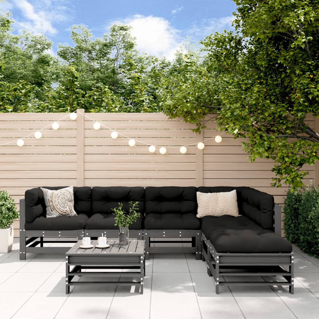 7-tlg. Garten-Lounge-Set mit Kissen Grau Massivholz