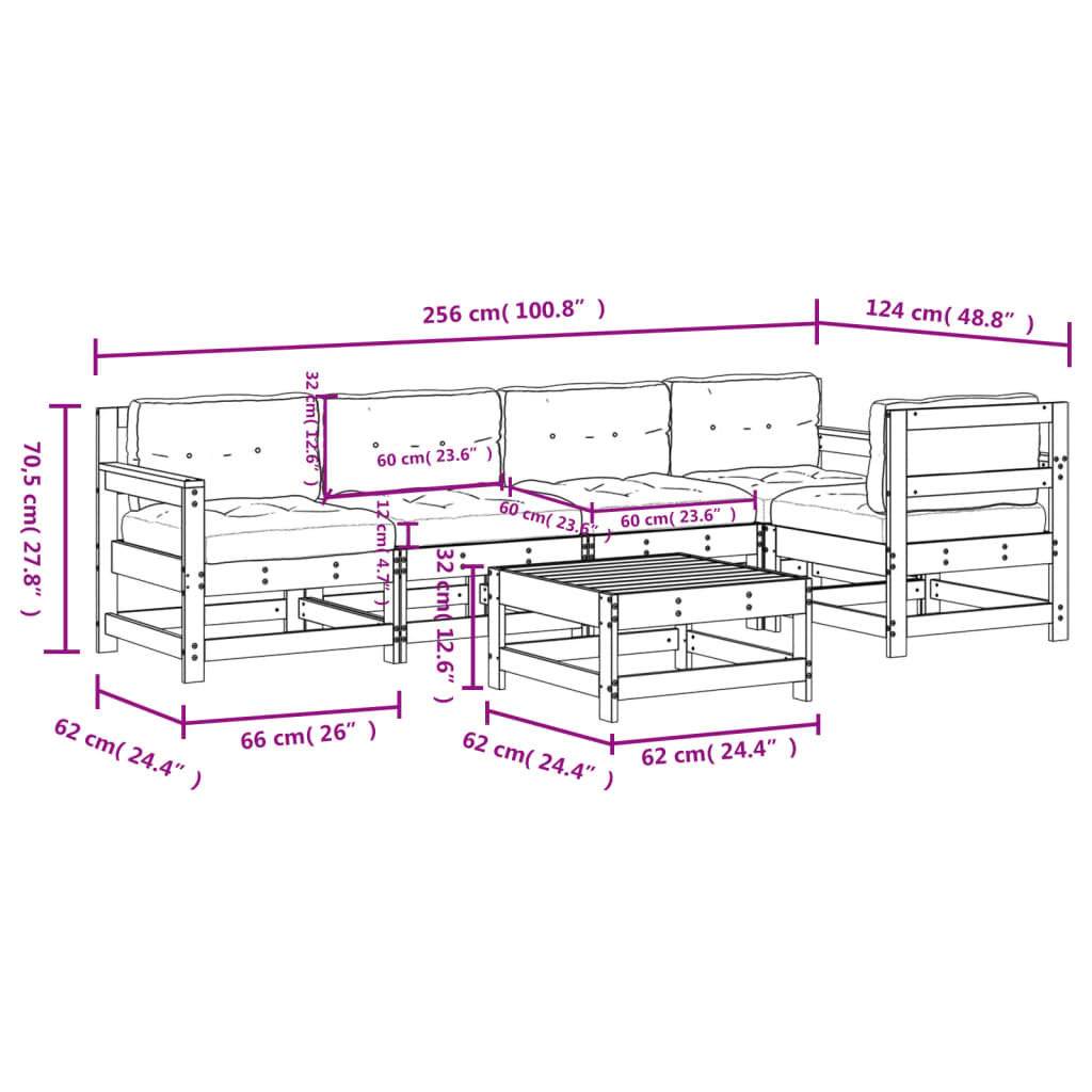 6-tlg. Garten-Lounge-Set mit Kissen Massivholz