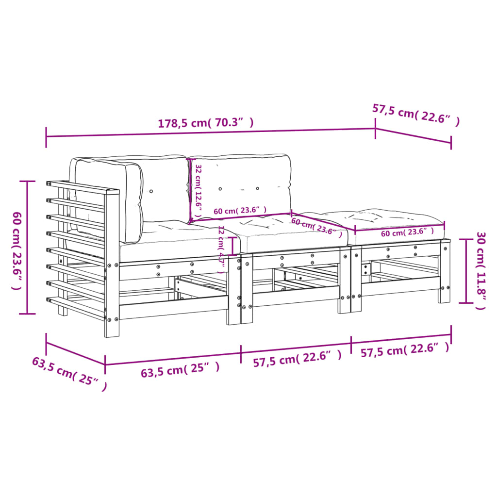 3-tlg. Garten-Lounge-Set mit Kissen Grau Massivholz