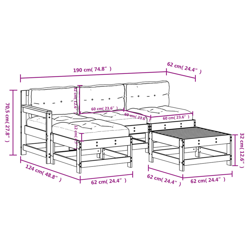 5-tlg. Garten-Lounge-Set mit Kissen Honigbraun Massivholz