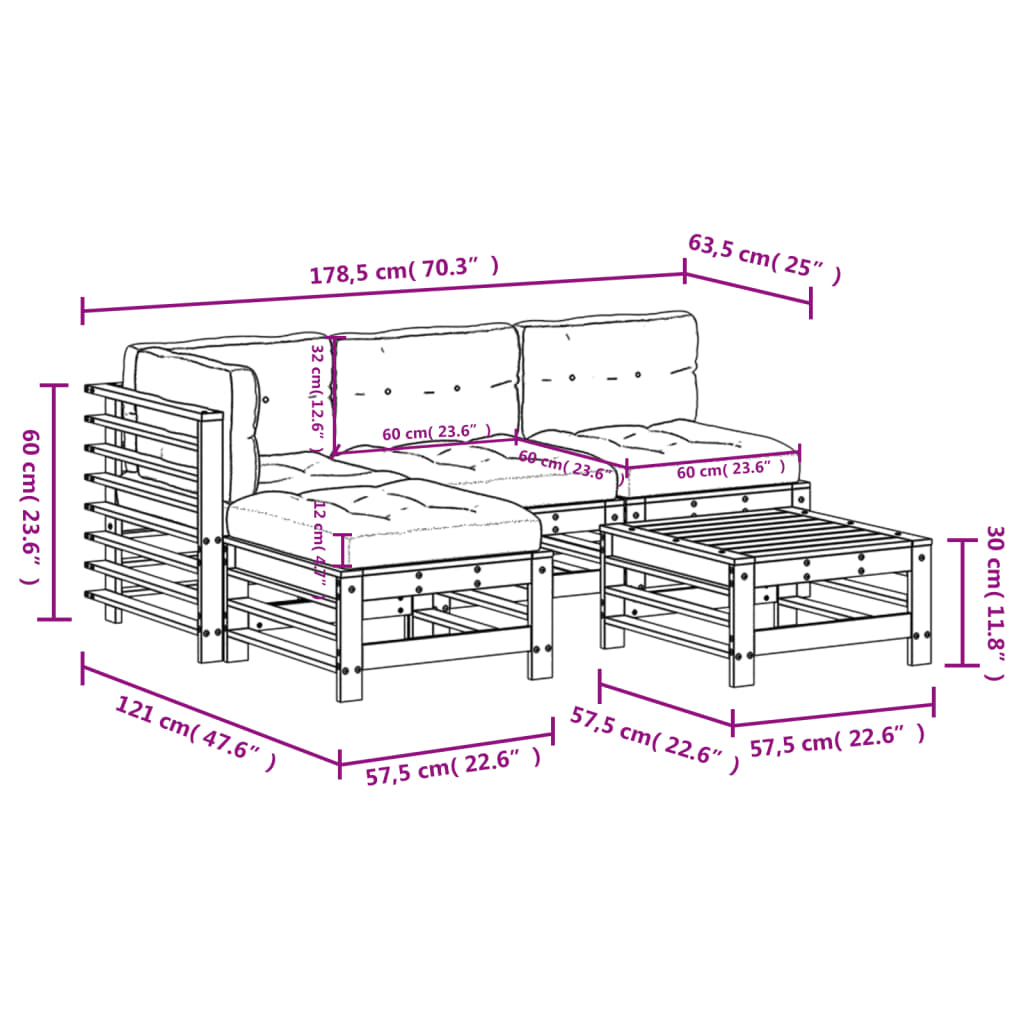 5-tlg. Garten-Lounge-Set mit Kissen Grau Massivholz