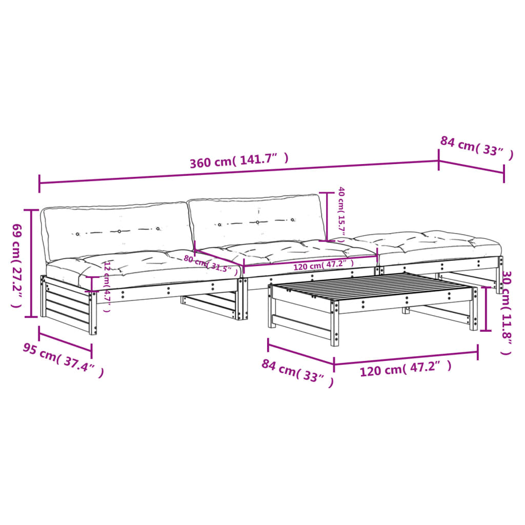 4-tlg. Garten-Lounge-Set mit Kissen Massivholz