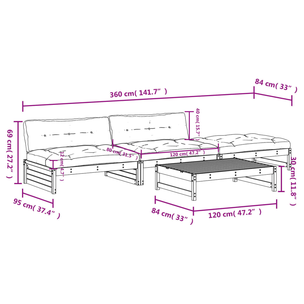 4-tlg. Garten-Lounge-Set mit Kissen Grau Massivholz