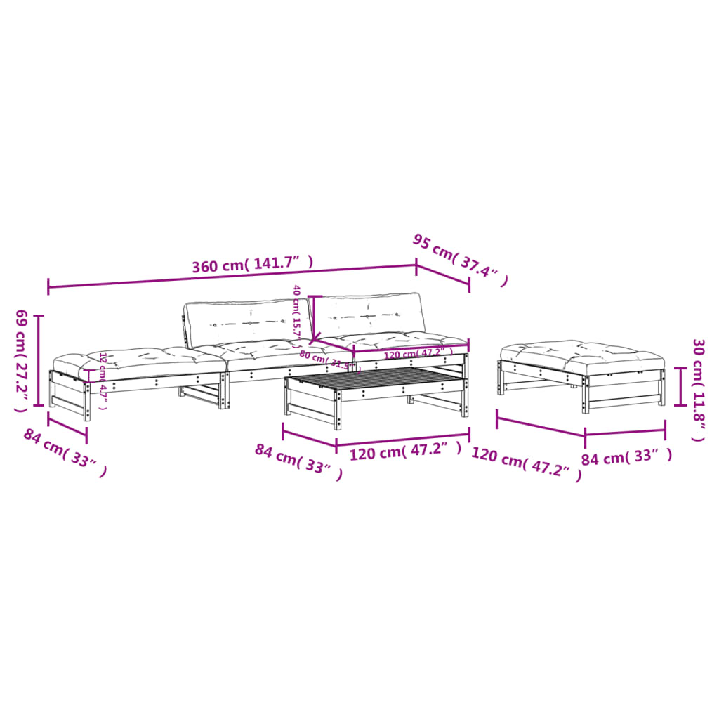 5-tlg. Garten-Lounge-Set mit Kissen Grau Massivholz