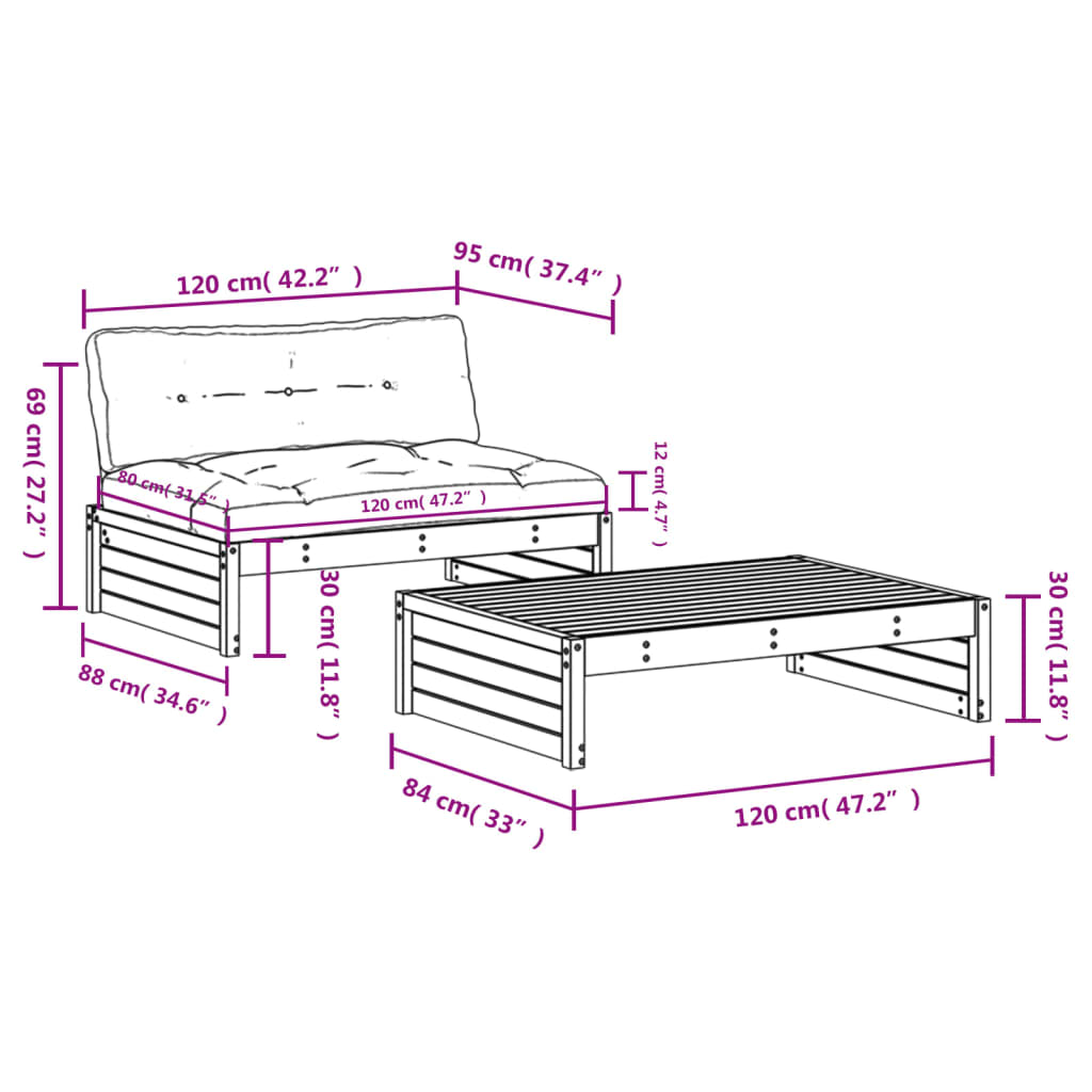 2-tlg. Garten-Lounge-Set mit Kissen Massivholz