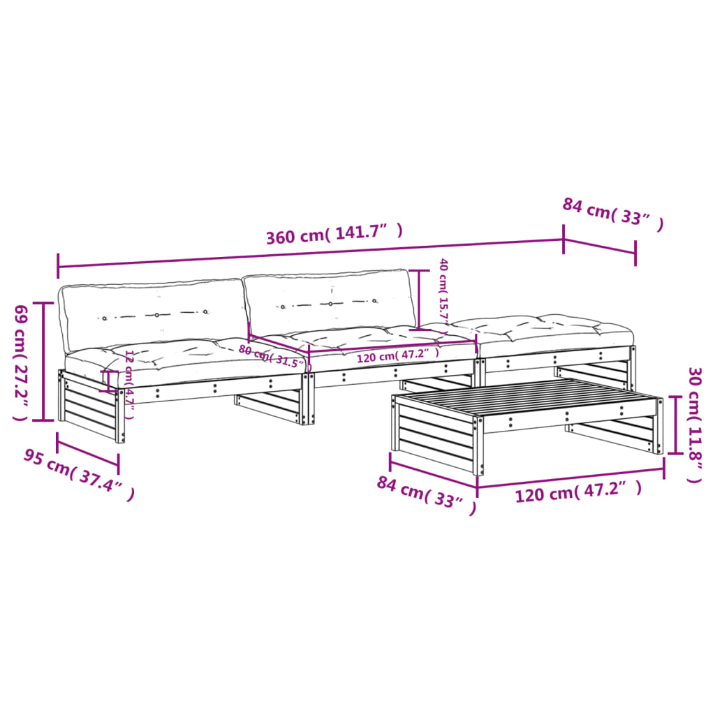 4-tlg. Garten-Lounge-Set mit Kissen Grau Massivholz