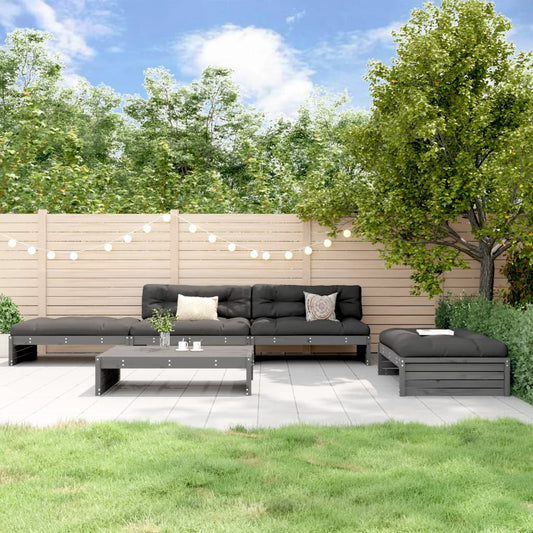 5-tlg. Garten-Lounge-Set mit Kissen Grau Massivholz