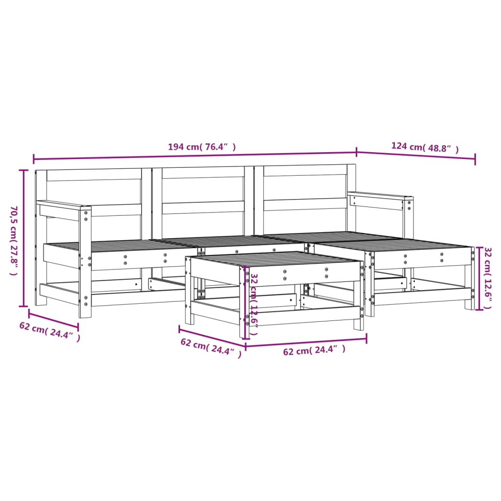 5-tlg. Garten-Lounge-Set Grau Massivholz Kiefer