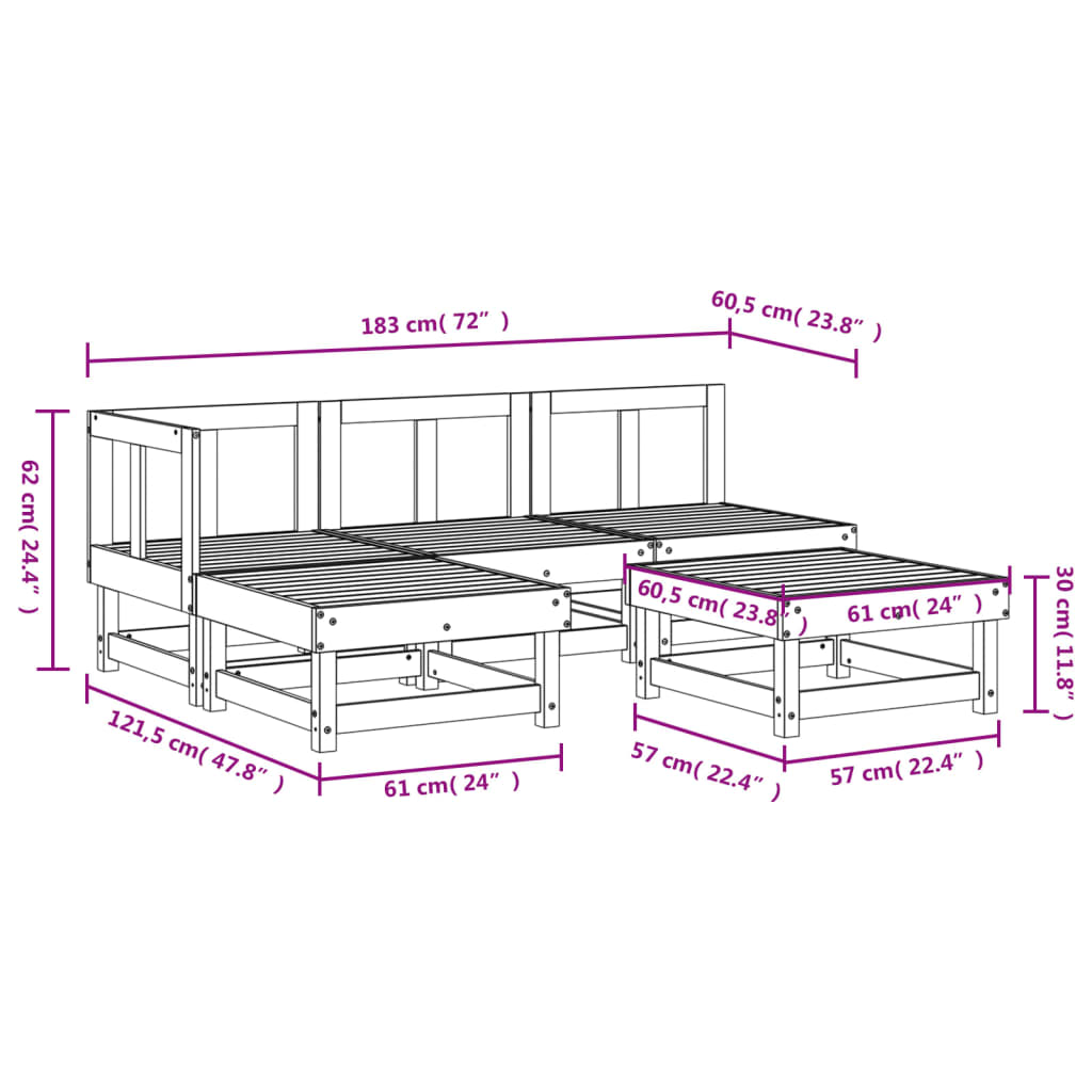 5-tlg. Garten-Lounge-Set Grau Massivholz Kiefer