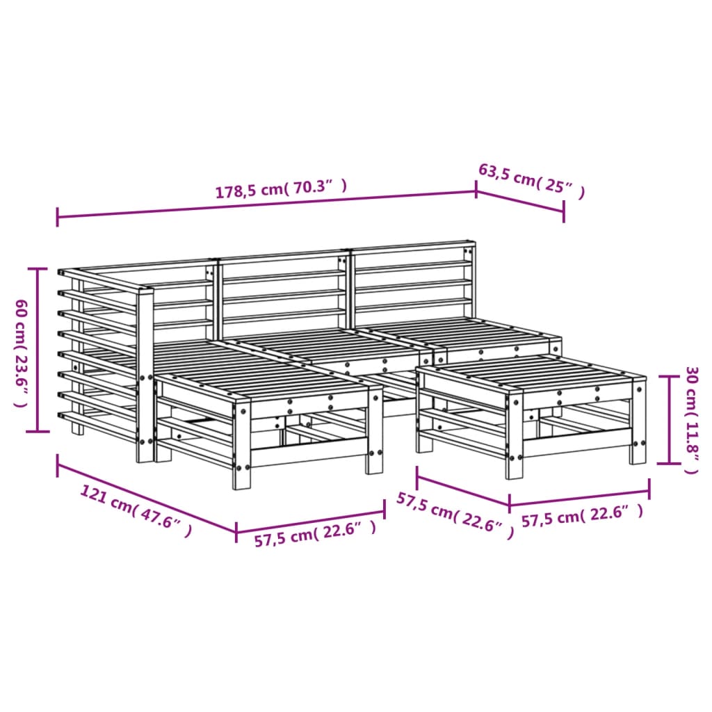 5-tlg. Garten-Lounge-Set Honigbraun Massivholz Kiefer