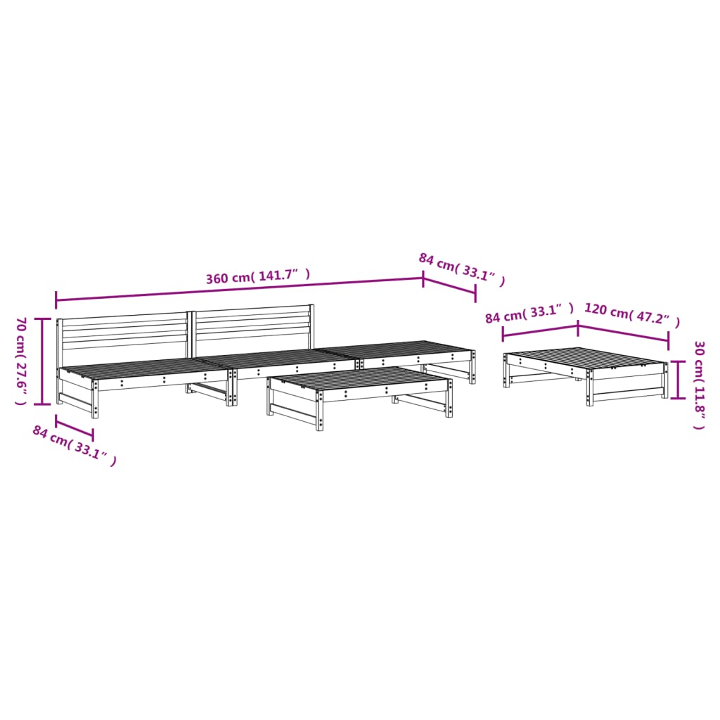 5-tlg. Garten-Lounge-Set Schwarz Massivholz Kiefer