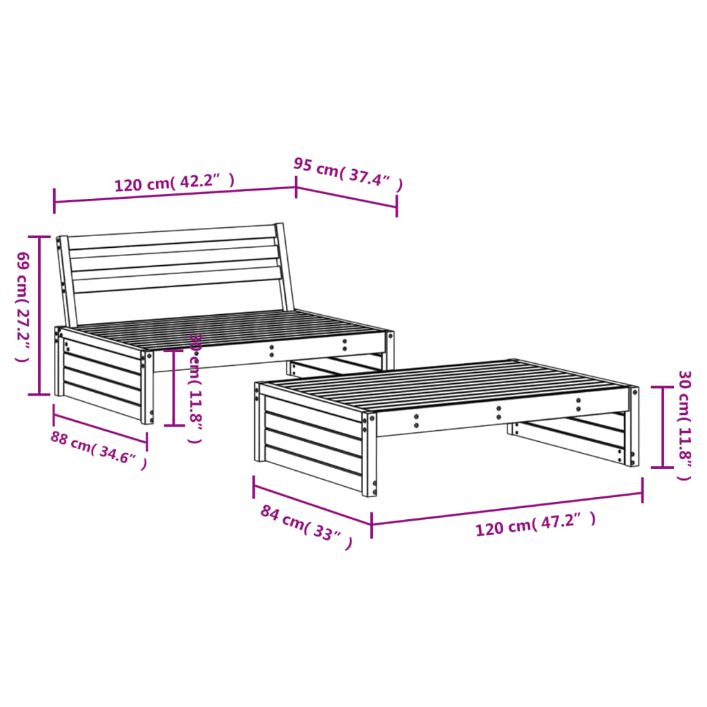 2-tlg. Garten-Lounge-Set Massivholz Kiefer