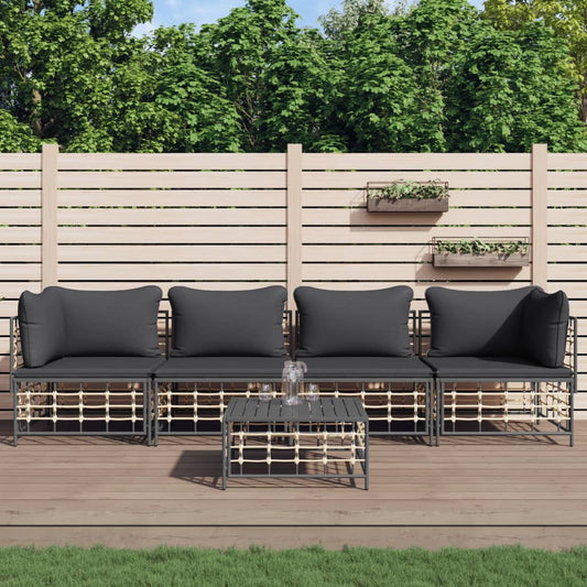 5-tlg. Garten-Lounge-Set mit Kissen Anthrazit Poly Rattan