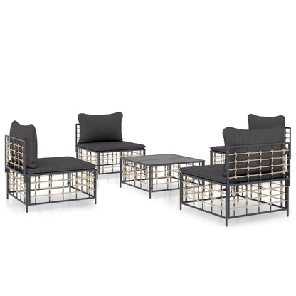 5-tlg. Garten-Lounge-Set mit Kissen Anthrazit Poly Rattan