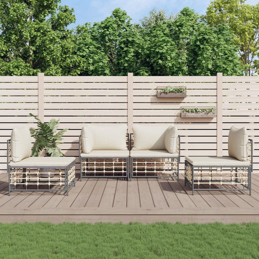 4-tlg. Garten-Lounge-Set mit Kissen Anthrazit Poly Rattan