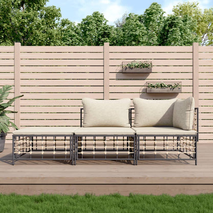 3-tlg. Garten-Lounge-Set mit Kissen Anthrazit Poly Rattan