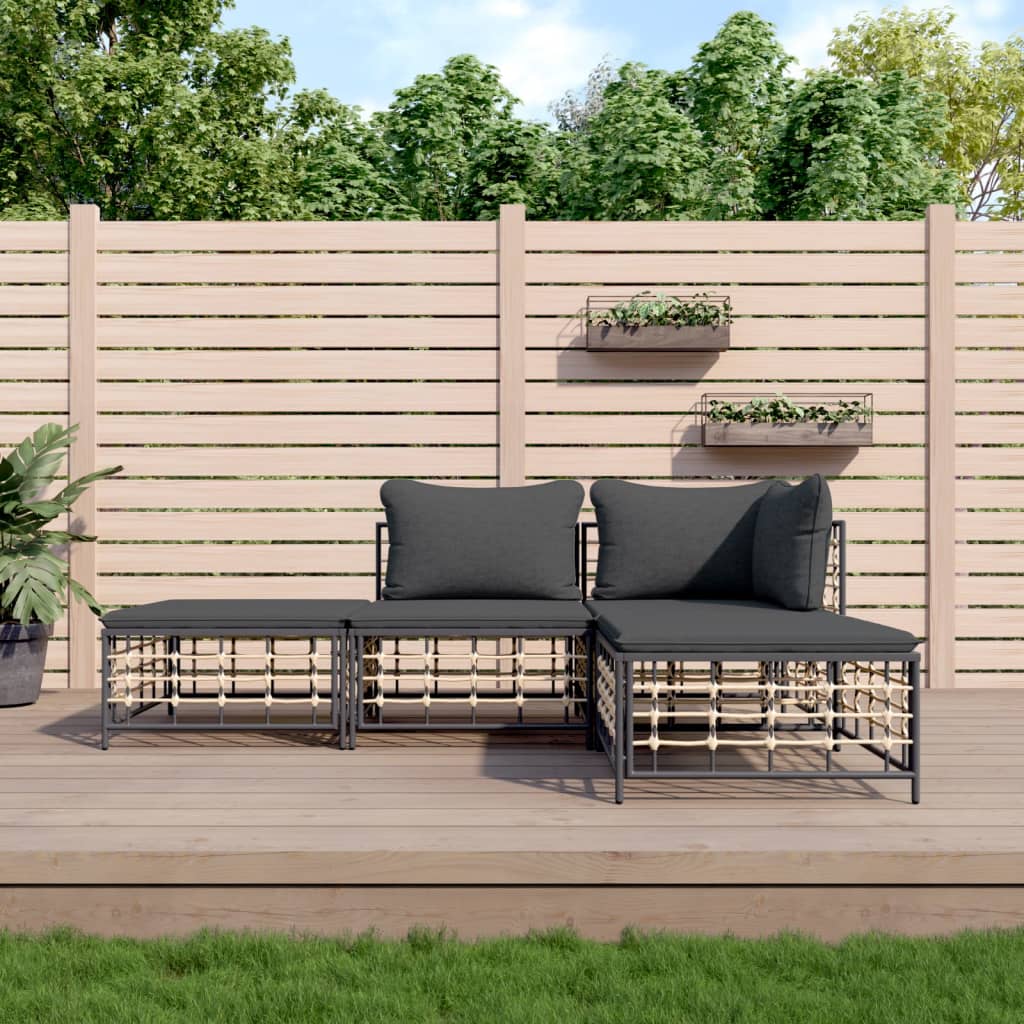 4-tlg. Garten-Lounge-Set mit Kissen Anthrazit Poly Rattan