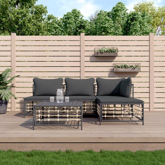 5-tlg. Garten-Lounge-Set mit Kissen Anthrazit Poly Rattan