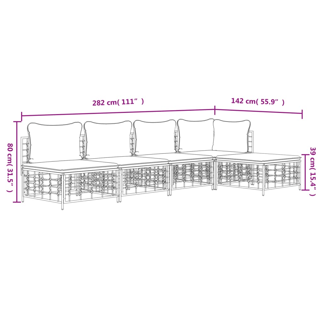 5-tlg. Garten-Lounge-Set mit Kissen Anthrazit Poly Rattan