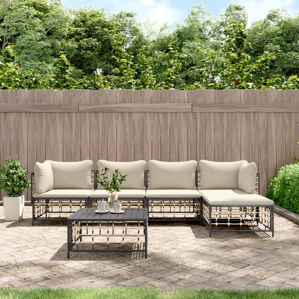 6-tlg. Garten-Lounge-Set mit Kissen Anthrazit Poly Rattan