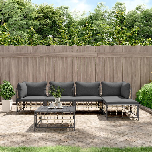 6-tlg. Garten-Lounge-Set mit Kissen Anthrazit Poly Rattan