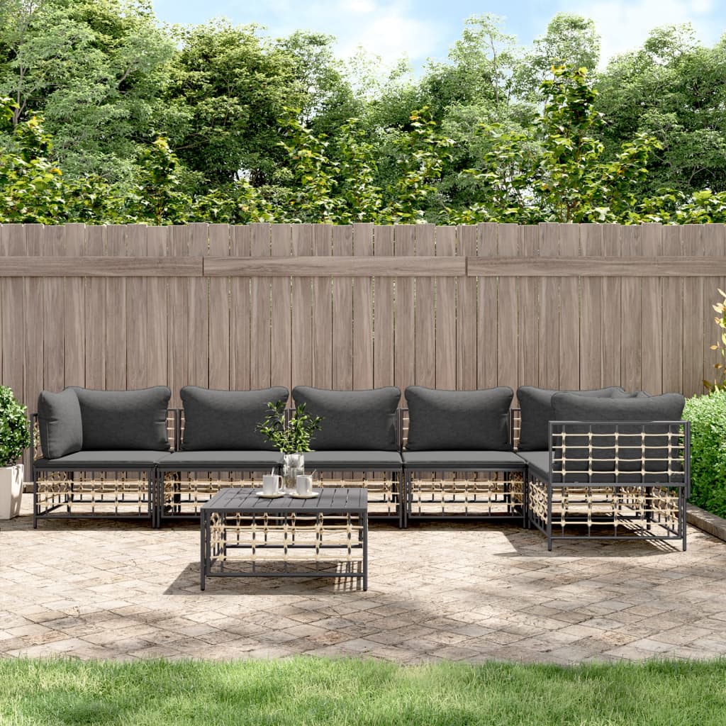 7-tlg. Garten-Lounge-Set mit Kissen Anthrazit Poly Rattan