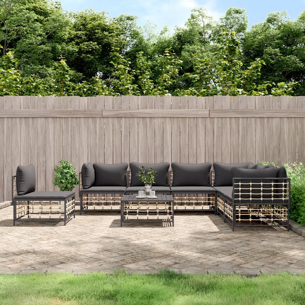 8-tlg. Garten-Lounge-Set mit Kissen Anthrazit Poly Rattan