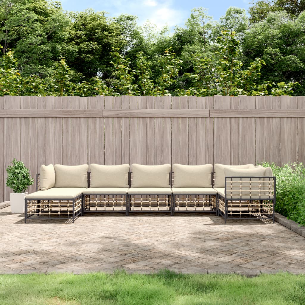 7-tlg. Garten-Lounge-Set mit Kissen Anthrazit Poly Rattan