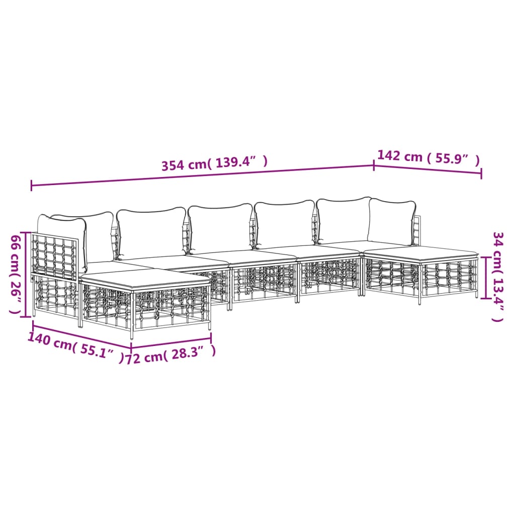 7-tlg. Garten-Lounge-Set mit Kissen Anthrazit Poly Rattan