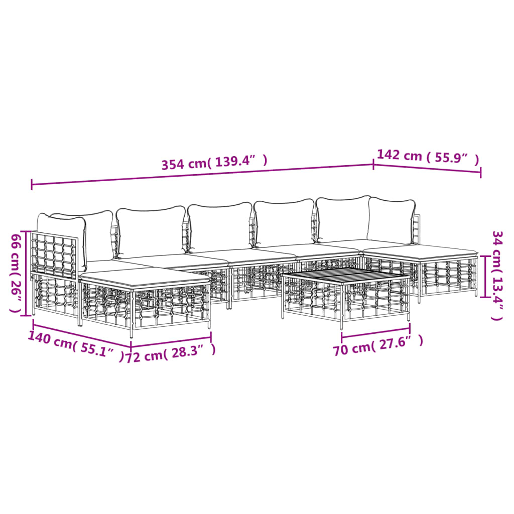 8-tlg. Garten-Lounge-Set mit Kissen Anthrazit Poly Rattan