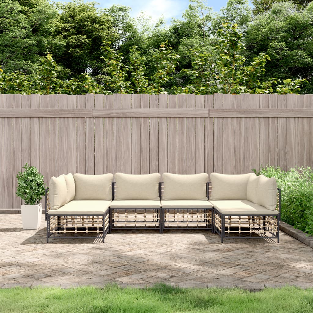 6-tlg. Garten-Lounge-Set mit Kissen Anthrazit Poly Rattan