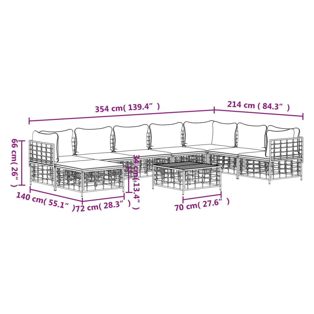 9-tlg. Garten-Lounge-Set mit Kissen Anthrazit Poly Rattan