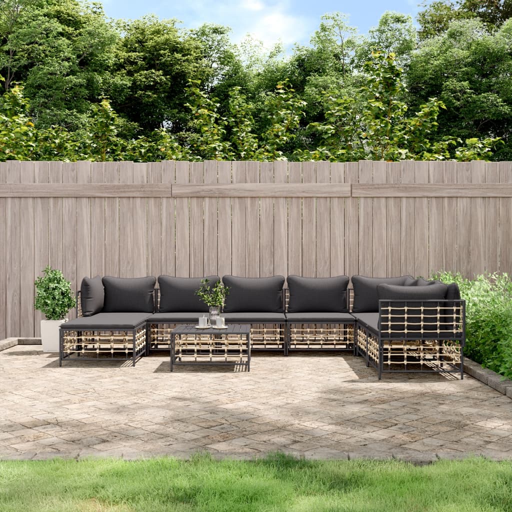 9-tlg. Garten-Lounge-Set mit Kissen Anthrazit Poly Rattan