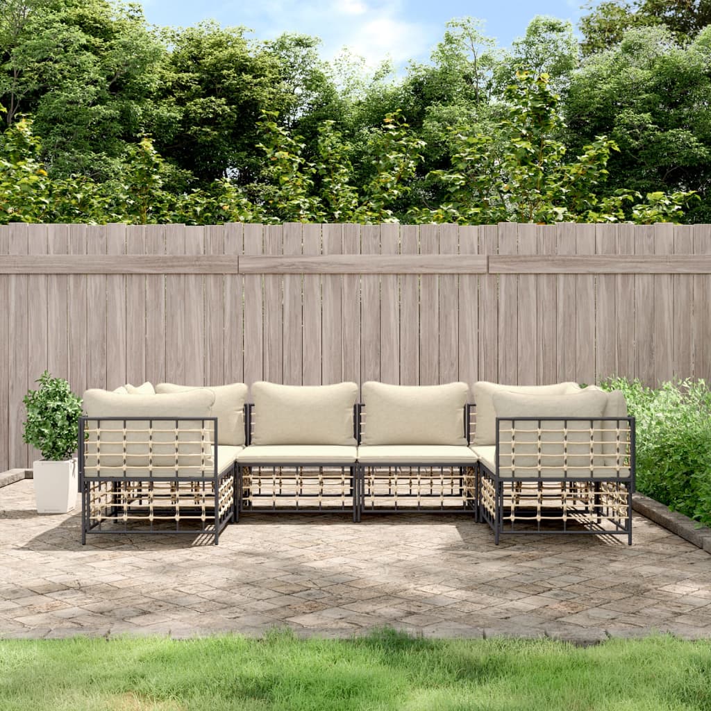 6-tlg. Garten-Lounge-Set mit Kissen Anthrazit Poly Rattan