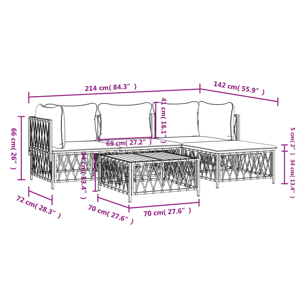 5-tlg. Garten-Lounge-Set mit Kissen Weiß Stahl