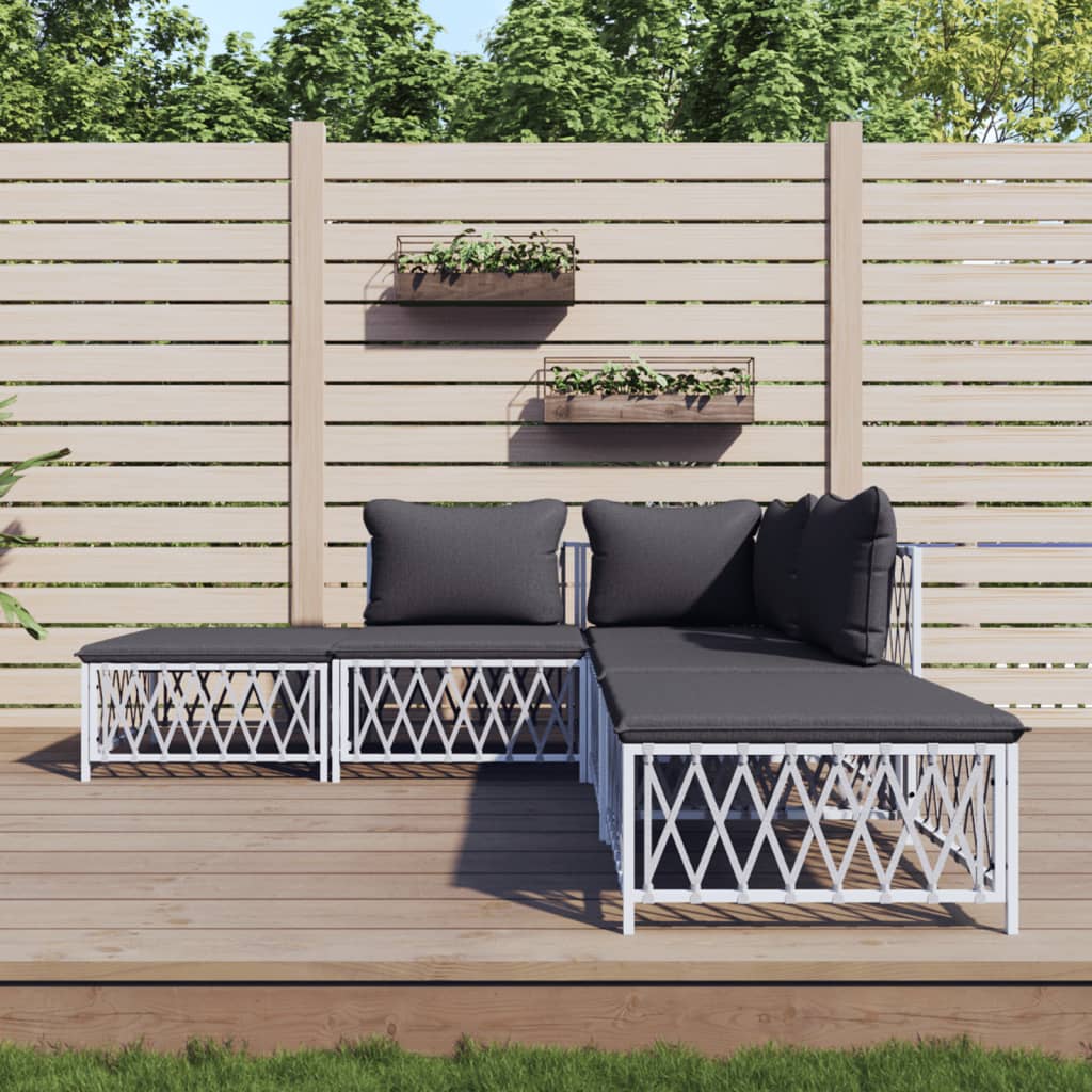 5-tlg. Garten-Lounge-Set mit Kissen Weiß Stahl