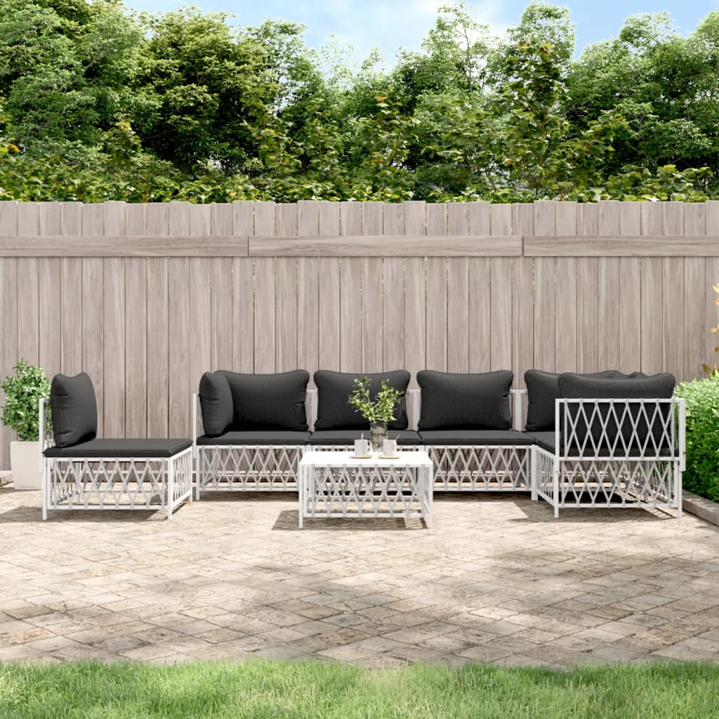 7-tlg. Garten-Lounge-Set mit Kissen Weiß Stahl