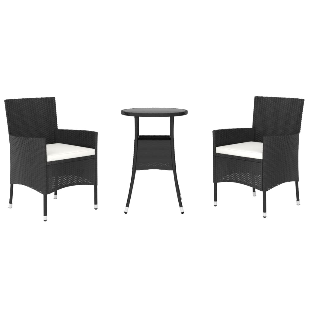 3-tlg. Garten-Bistro-Set mit Kissen Schwarz Poly Rattan