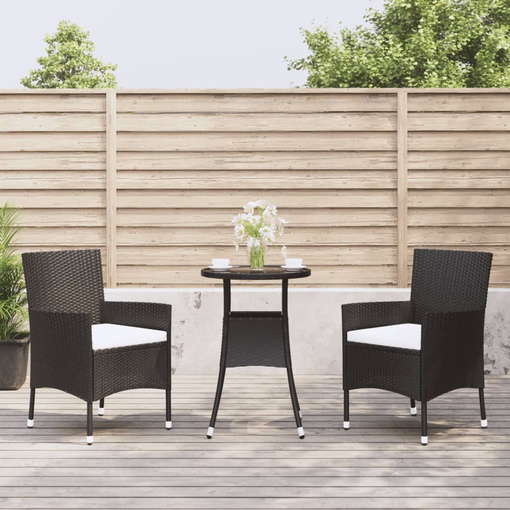 3-tlg. Garten-Bistro-Set mit Kissen Schwarz Poly Rattan