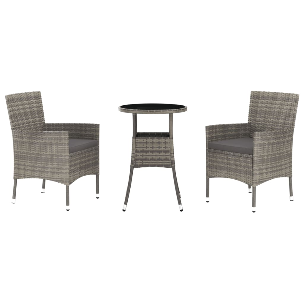 3-tlg. Garten-Bistro-Set mit Kissen Grau Poly Rattan