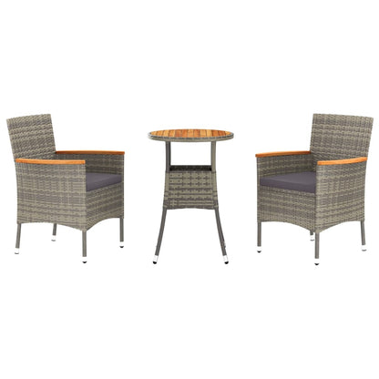 3-tlg. Garten-Bistro-Set mit Kissen Grau Poly Rattan