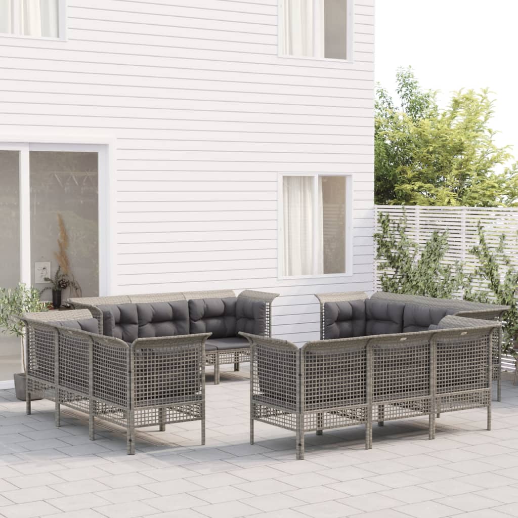 12-tlg. Garten-Lounge-Set mit Kissen Grau Poly Rattan