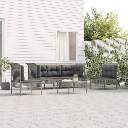 6-tlg. Garten-Lounge-Set mit Kissen Grau Poly Rattan